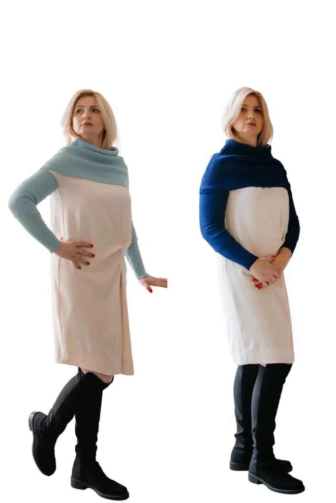Same neutral outfit styled with navy and light turquoise knit accessories for color comparison